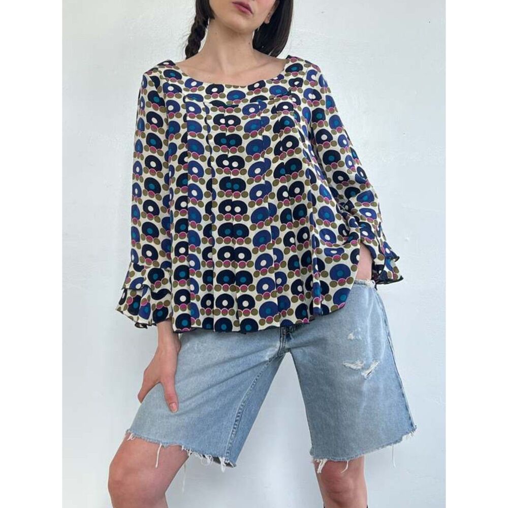 Anna Sui Mod Print Daisy Silk Pleated Ruffle Blouse - 4